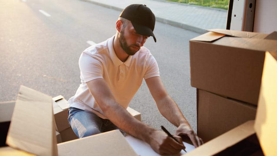A man wearing a black cap, white polo shirt, and jeans is situated outdoors near the back of a vehicle, engaged in a home relocation process. He is kneeling on the pavement, surrounded by cardboard bo