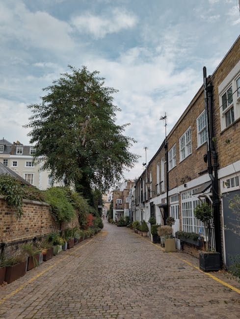 A narrow cobblestone residential street in Fulham, lined with historic brick houses featuring white-framed sash windows and black drainpipes, with several potted plants and small shrubs along the pavement. A large tree with green foliage extends over the street, partially shading the area. In the background, a moving van belonging to Removal Companies Fulham is parked adjacent to the curb, with part of its white side panel visible, indicating active furniture transport or home relocation processes. The scene is illuminated by natural daylight under a partly cloudy sky, illustrating a typical urban environment suitable for house removals and packing and moving services in the Fulham area.